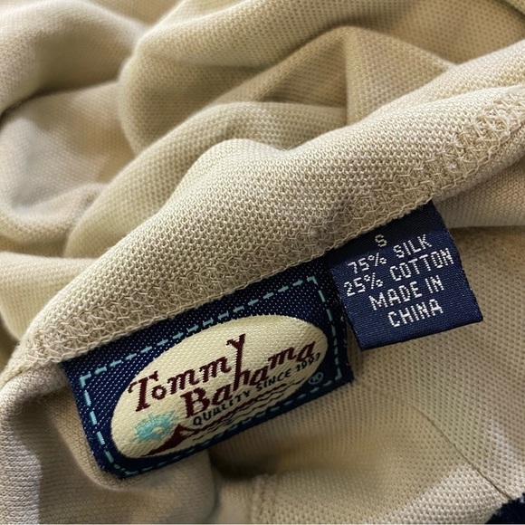 Vintage 90s Tommy Bahama Silk Blend Pique V-Neck Short Sleeve Sand S - Picture 2 of 4